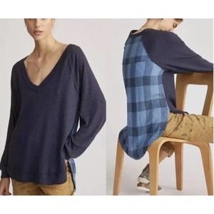 Anthropologie Pilcro Women’s V-Neck Boyfriend Top XS Blue Plaid Long Sleeve